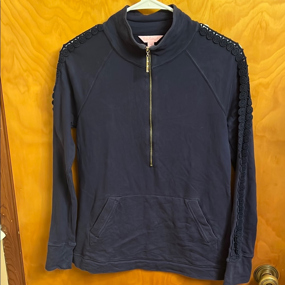 Pre-Owned Lilly Pulitzer Navy Blue Skipper Popover Top Embroidered Sleeve Sz XS